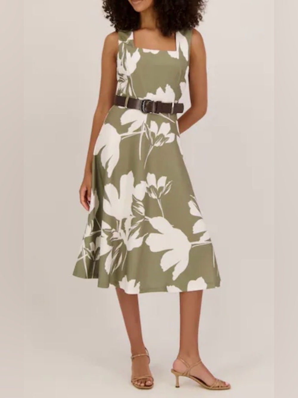 NWT💥CK Olive Green Floral Square-Neck Midi Dress, size 6
